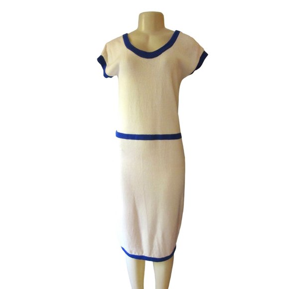St. John Dresses & Skirts - Vintage St John Saks Fifth Avenue White w Blue Trim Knit Dress in Sz Medium